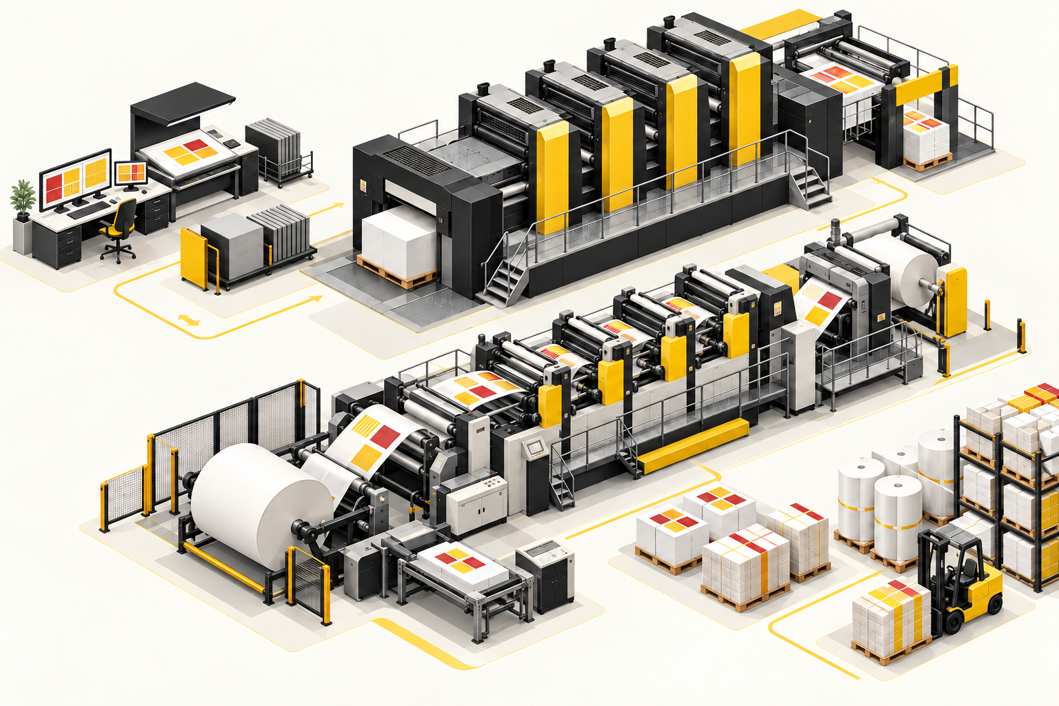 Ilustração de impressão industrial, tecnologia e logística em amarelo, preto e vermelho