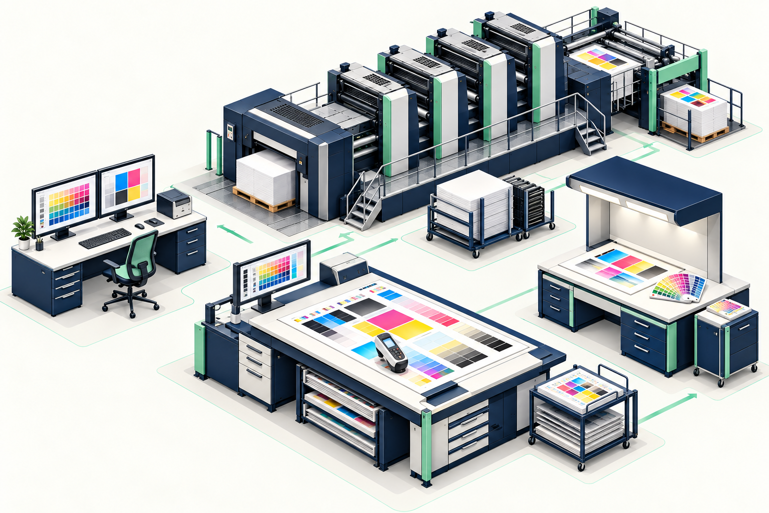 Ilustração de laboratório gráfico de controle de cor com espectrofotômetro, cabine de luz e monitor calibrado
